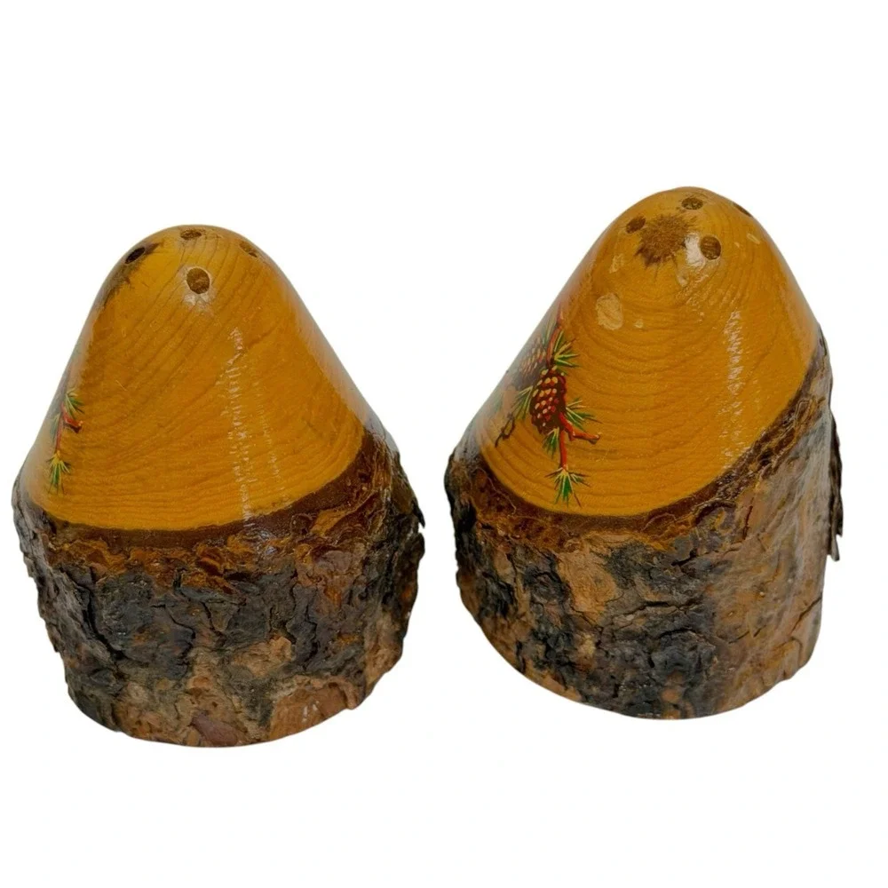 Vtg 1970s Wood Salt & Pepper Shaker W/ Base Souvenir Lake George NY Rustic